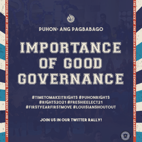 SLU_RIGHTS's tweet photo. Sa panahon natin ngayon, napakahalagang tayo ay magkaroon ng tumitindig at maayos na sistema ng gobyerno para sa buong komunidad.
#TimeToMakeItRIGHTS
#PuhonRIGHTS
#RIGHTS2021
#FreshieElect21
#FirstYearFirstMove
#LouisianShoutout https://t.co/KVsTKDKi0K