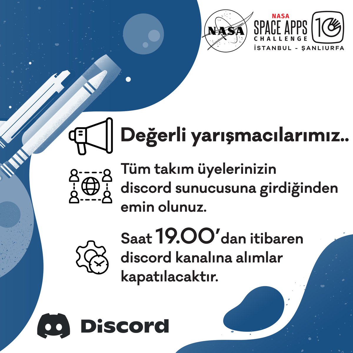 sacturkey's tweet photo. Değerli yarışmacılarımız, tüm takım üyelerinizin Discord sunucusuna girdiğinden emin olunuz. https://t.co/i7nB6QLqDR