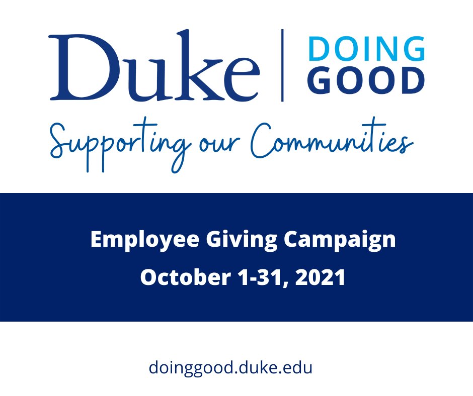 Duke_DCA's tweet photo. Today kicks off Doing Good - Duke's annual employee giving campaign. Employees can give in 6 community-informed categories. If each employee gave $15/year Duke could meet its goal to support community orgs and make big impacts. https://t.co/8MltyQAAcr #DukeDoingGood https://t.co/3uMtwCDfP5