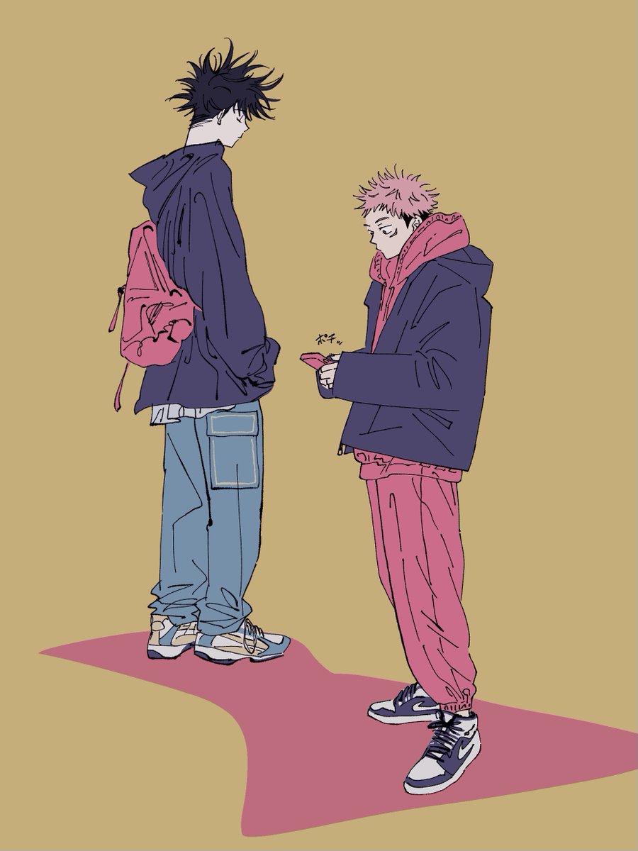 fushiguro megumi ,itadori yuuji pants 2boys multiple boys hood hoodie male focus shoes  illustration images