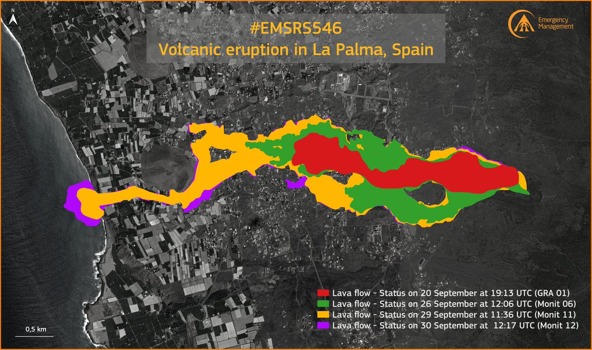 CopernicusEMS's tweet photo. #EMSR546 #ErupciónLaPalma

Our #RapidMappingTeam released its 12th updated product for #LaPalma🇪🇸 Volcano using a Very High Resolution Satellite image acquired on 30 Sept. 

▶️ Extent of the 🌋lava flow: 358.1 ha
▶️870 destroyed 🏠 have been detected 

 https://t.co/Ik72VSm9GR https://t.co/eOK27XTjVG