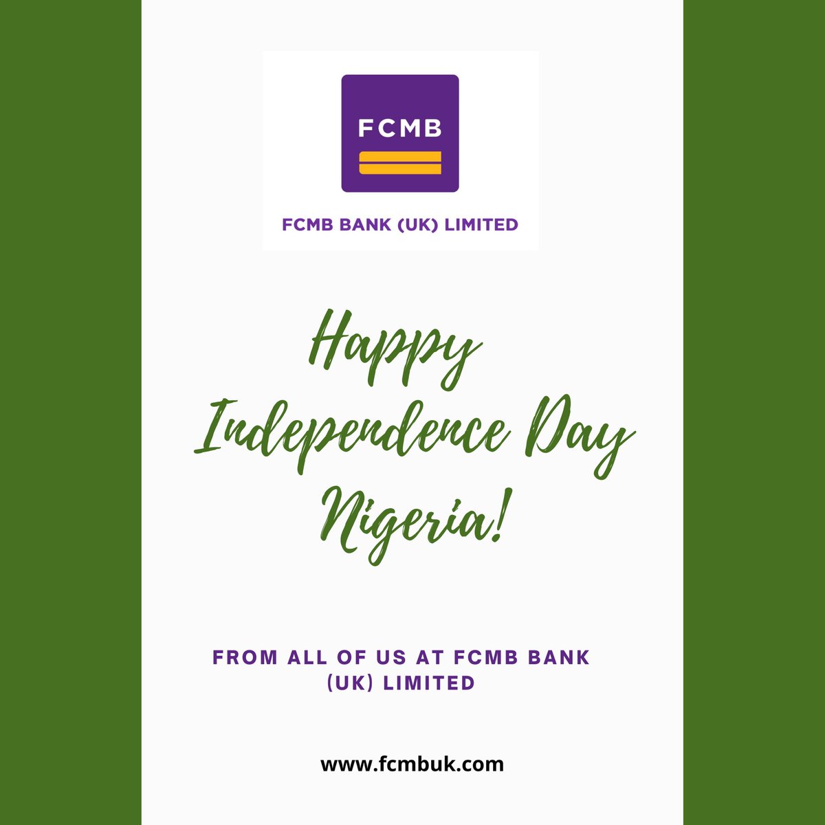 FCMBbankUK's tweet photo. Happy Independence Day to all our Nigerian customers, colleagues and partners.

We join the nation of Nigeria in celebrating the last 61 years and look forward to the continuous peace &amp; prosperity of the Nation.

#NigerianIndependenceDay
#fcmbbankuklimited https://t.co/QL8G4PAM5q