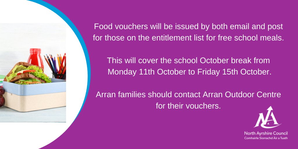 North_Ayrshire's tweet photo. For those eligible for free school meals, food vouchers to cover the October school break will be issued by both email and post. https://t.co/K9ffFYWCDC