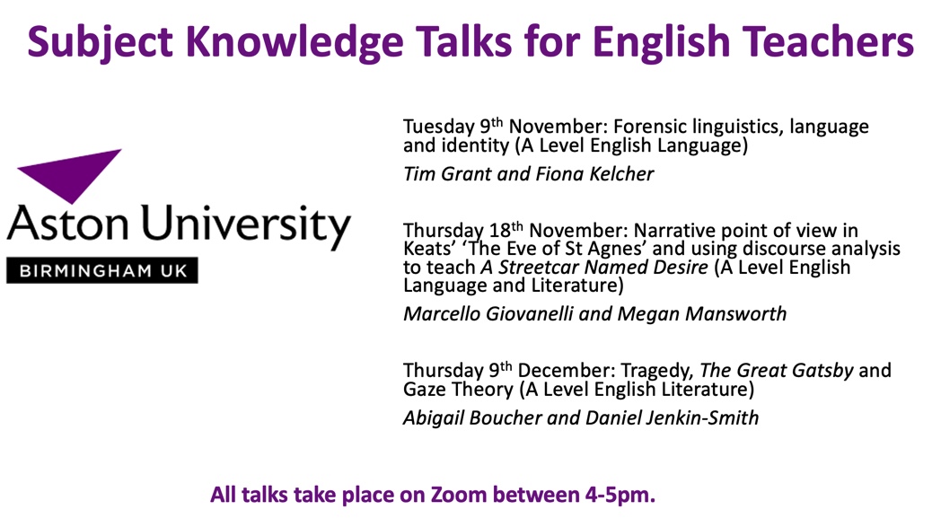 meganmansworth's tweet photo. Exciting news - @EnglishAston is running a series of FREE talks for English teachers this term! All linked to A Level specs (both Lang &amp; Lit) &amp; led by our lecturers. Put these dates in your diary! Sign up details coming soon @Team_English1 #subjectknowledge #english Please RT! https://t.co/Y3FmeUF7pc