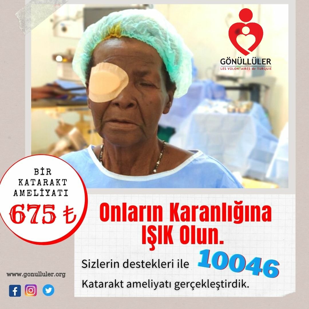 İklim koşulları, yetersiz beslenme ve temiz olmayan su kaynaklarından dolayı Afrika insanı katarakt rahatsızlığı ile karanlığa mahkum. Devam eden Katarakt Projemiz için sizler de görmeyen gözlere umut olabilirsiniz.
gonulluler.org/Admin/Donation…