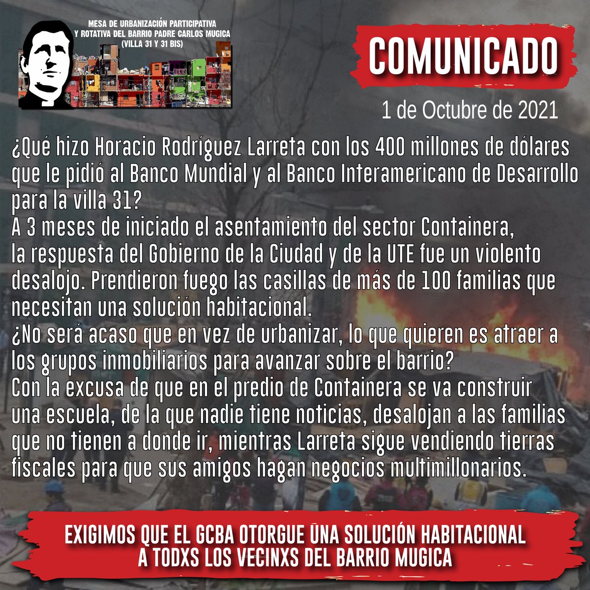 📢Comunicado I Exigimos que el GCBA otorgue una solución habitacional a los vecinxs del Barrio Mugica (villa 31), ante el violento desalojo orquestado por <a href="/horaciorlarreta/">Larreta</a> a más de 100 familias.