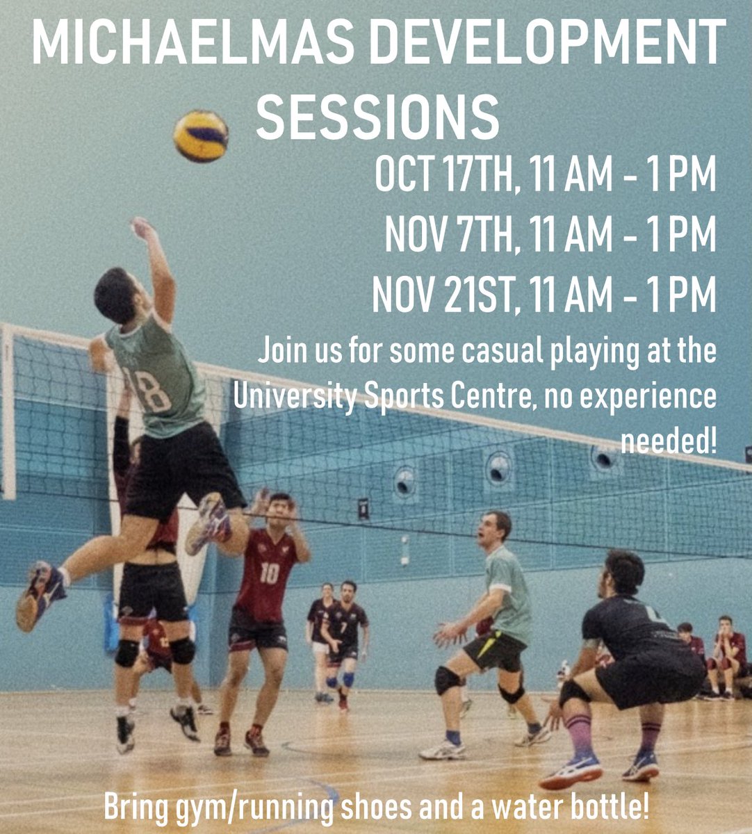 Michaelmas dates for our casual development sessions! These are open to everyone, regardless of playing experience, and are a great chance to get involved with CUVC!

You’ll be able to play together with current CUVC members and others passionate about volleyball. See you there!