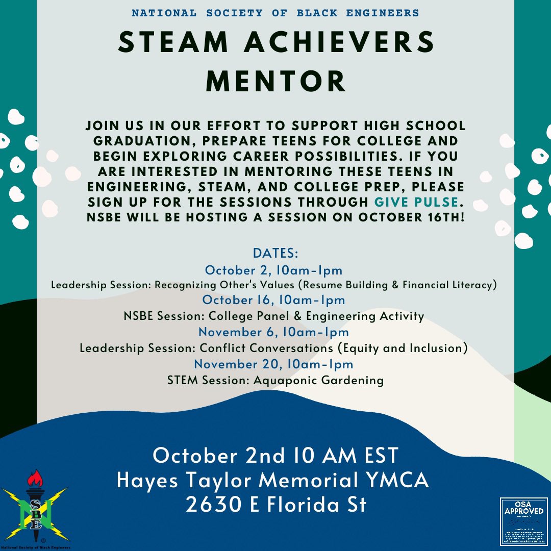 Starting Saturday, October 2nd at 10 AM EST at the YMCA, sign up, via Give Pulse, to help prepare young minds for their college careers! Make sure to join NSBE for our session on Saturday, October 16th 10 AM EST; where we’ll be discussing Engineering at NCAT.