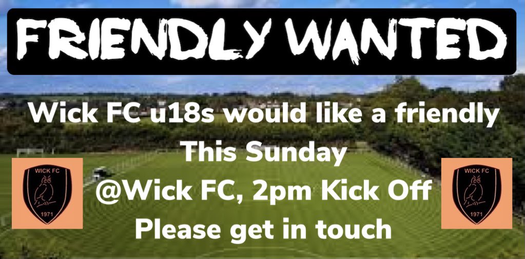 🚨Friendly Wanted 🚨

This Sunday (due to a late postponement)
 
Wick u18s are seeking a friendly this Sunday at Wick FC, Bristol 2pm KO

Please get in touch 

#BFCLdev <a href="/Bristolu21/">Bristol Football Combination League Development</a> <a href="/bsoccerworld/">Bristol Soccerworld</a> <a href="/swsportsnews/">South West Sports News</a>