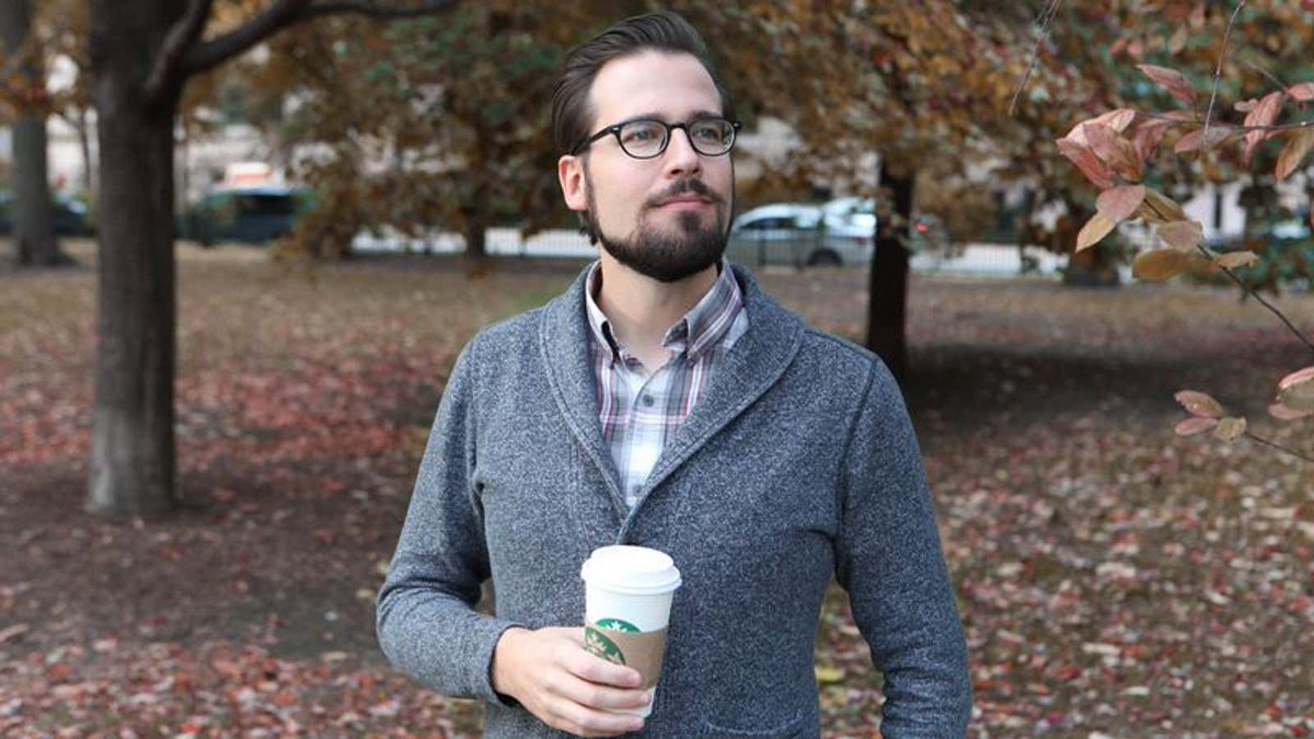 TheOnion's tweet image. Mr. Autumn Man Walking Down Street With Cup Of Coffee, Wearing Sweater Over Plaid Collared Shirt bit.ly/39QV8rl