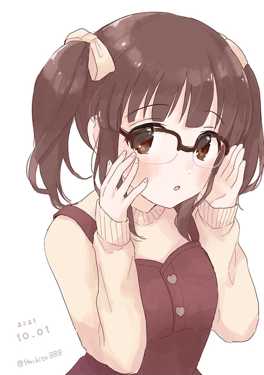 1girl solo glasses twintails brown eyes brown hair white background  illustration images