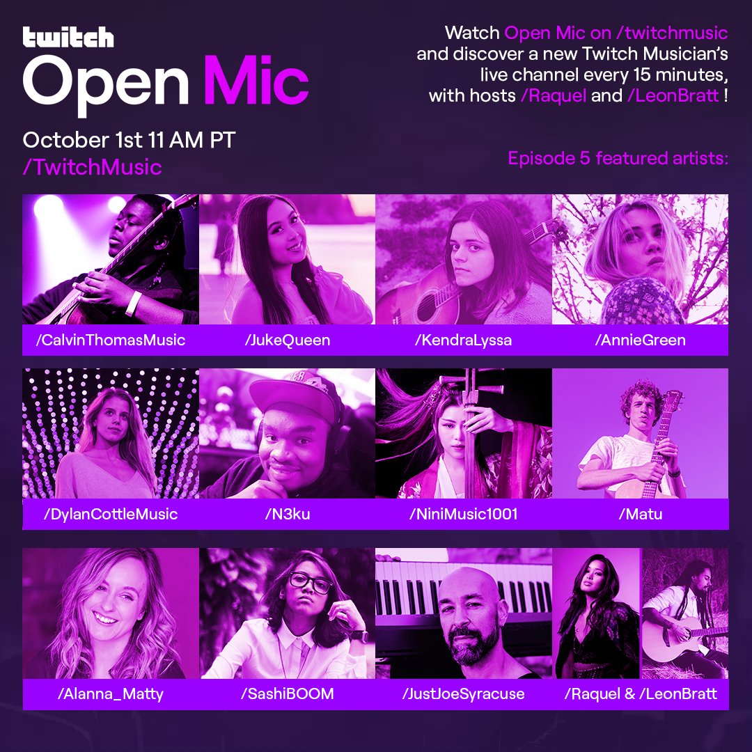 LeonBratt's tweet photo. So, here it is! The 5th &amp; FINAL episode of Twitch Music's 'Open Mic' show is today!

What a fantastic line up of musicians!? 🤯🤯

Episode 5 of Open Mic will be hosted once again my @RaquelLily and myself! Super stoked for this episode!

🔥 Stream starts at 11am PT / 7pm BST 🔥 https://t.co/kGypWXkM07