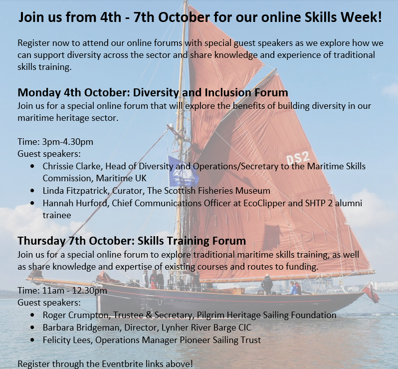 NatHistShips's tweet photo. Don't forget to register for our online forums as part of #skillsweek #shtp2

Diversity &amp; Inclusion Forum: https://t.co/8cUCcJPNgm

Skills Training Forum: https://t.co/afCjfc5npr

With speakers @scotfishmuseum @MaritimeUK  @EcoClipper @lynherofcremyll @PilgrimBM45 @PioneerSailing https://t.co/GnaQUof5ve