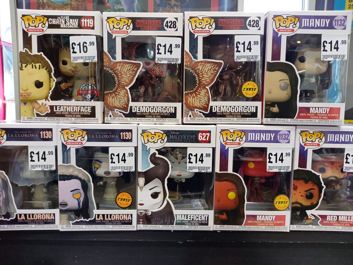 hmvSheffield's tweet photo. It's beginning to look alot like #Halloween @OriginalFunko #POPVinyl just arrived! With some selected cool chase editions! #LeatherFace #StrangerThings #maleficent #LaLlorona #Mandy #Redmiller 🎃👻🦇 https://t.co/dOmBOx3Fdr