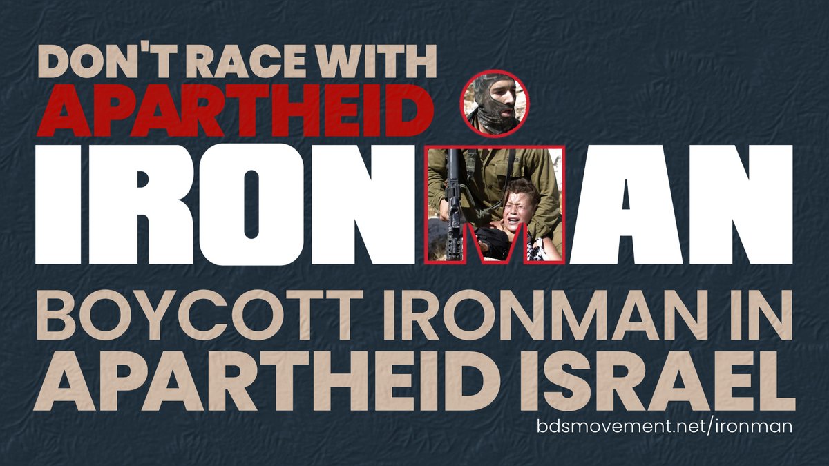 If <a href="/IRONMANtri/">IRONMAN Triathlon</a> aims to promote “fair play, equality, &amp; sportsmanship,” it can't hold #Ironman703 race in apartheid Israel.

In June, Israeli soldiers violently attacked Palestinian runners protesting ethnic cleansing.

Boycott IRONMAN in apartheid Israel.
loom.ly/HSqhEfM