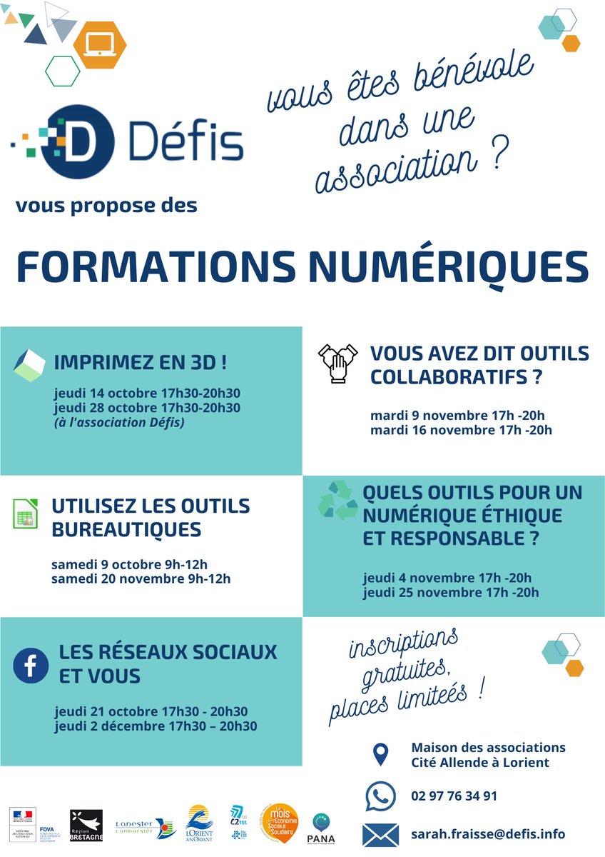 Association Défis (@assodefis) on Twitter photo Vous êtes bénévole dans une association ? 🙋♀️🙋
Défis vous propose des formations numériques en octobre et novembre à l'occasion du <a href="/mois_ESS/">Mois de l'ESS</a> !
Gratuit et sur inscription, Cité Allende à <a href="/VilledeLorient/">Ville de Lorient</a>
N'hésitez pas à relayer à vos réseaux associatifs 🙂 Vous êtes bénévole dans une association ? 🙋♀️🙋
Défis vous propose des formations numériques en octobre et novembre à l'occasion du <a href="/mois_ESS/">Mois de l'ESS</a> !
Gratuit et sur inscription, Cité Allende à <a href="/VilledeLorient/">Ville de Lorient</a>
N'hésitez pas à relayer à vos réseaux associatifs 🙂