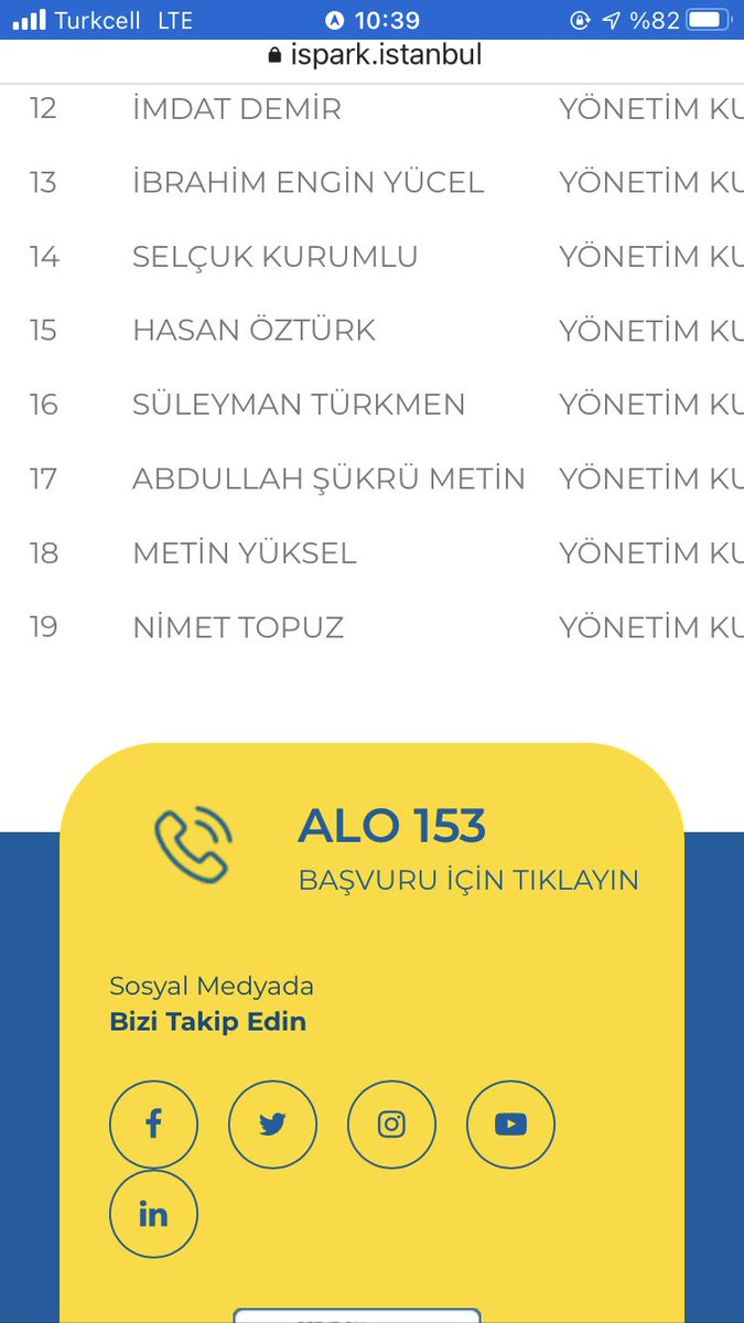 Size bir haberim var.İspark yönetim kurulu,şu 19 kişiden oluşuyor.Yanlış görmediniz,19 kişi.
İlk 100 deki şirketlerde bu kadro yok.
Şimdi gördüm Genel Müdürü ayrılmış,şirket zarar ediyor diye!
Varın düşünün.