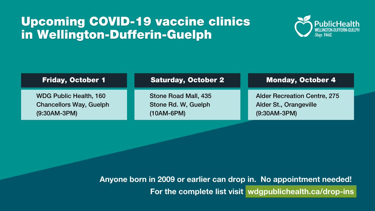 Drop in to one of these upcoming clinics to get a COVID-19 vaccine. Anyone born in 2009 or earlier can get a first or second dose. More info: wdgpublichealth.ca/drop-ins

Third doses are being administered to specific populations only: wdgpublichealth.ca/third-doses

#ForYouForMeForWDG
