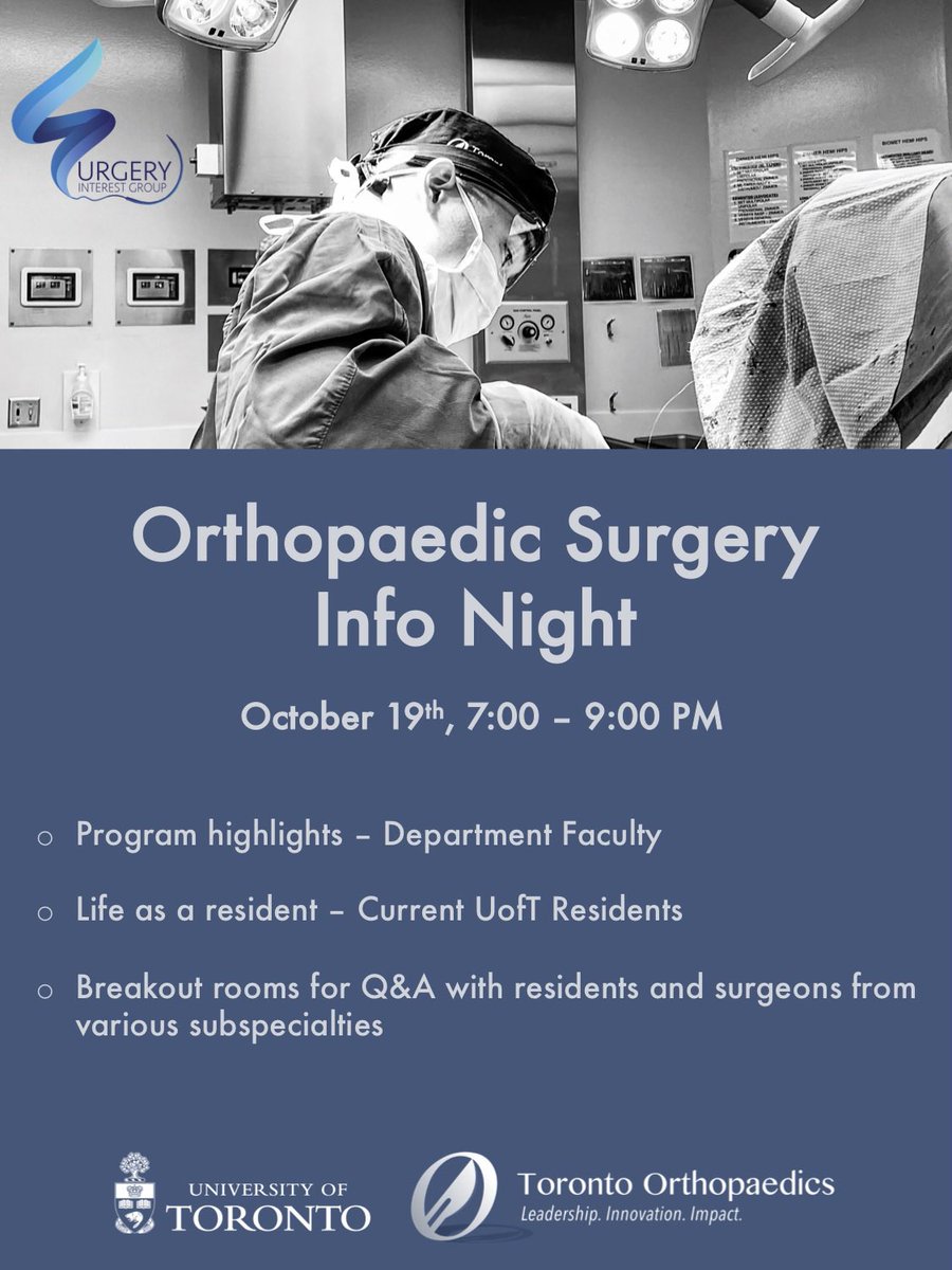 Are you a UofT medical student interested in orthopaedic surgery? Orthopaedic Surgery Info Night will be taking place on October 19th via zoom! See you there! 🦴