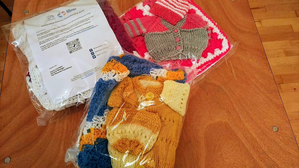RotundaCharity's tweet photo. A big thanks to everyone who has contributed. 
Please visit the Rotunda Knitters &amp; Crocheters Facebook page for more information around the process of accepting donations at the present time.
🧶#RotundaKnitters #NationalBreastfeedingWeek #RotundaBaby #knitting #crochetbabyblanket https://t.co/xfB6kXcMky