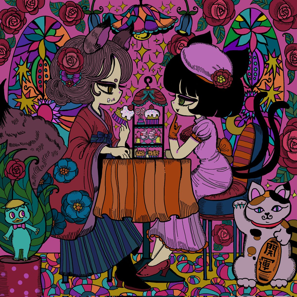 multiple girls 2girls candy animal ears selfie food tail  illustration images