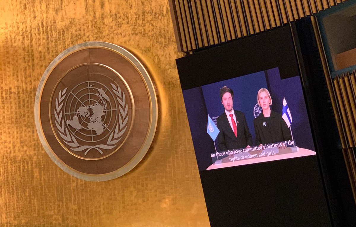 FinlandUN's tweet photo. Finnish 🇫🇮 youth delegates also took part in the the 3rd Committee General Debate. @leppalaakso and @yuribirjulin focused on exponential growth of gender-based violance during the COVID-19 pandemic. #youth #youthdelegate #GBV https://t.co/Do9EN4ImHp