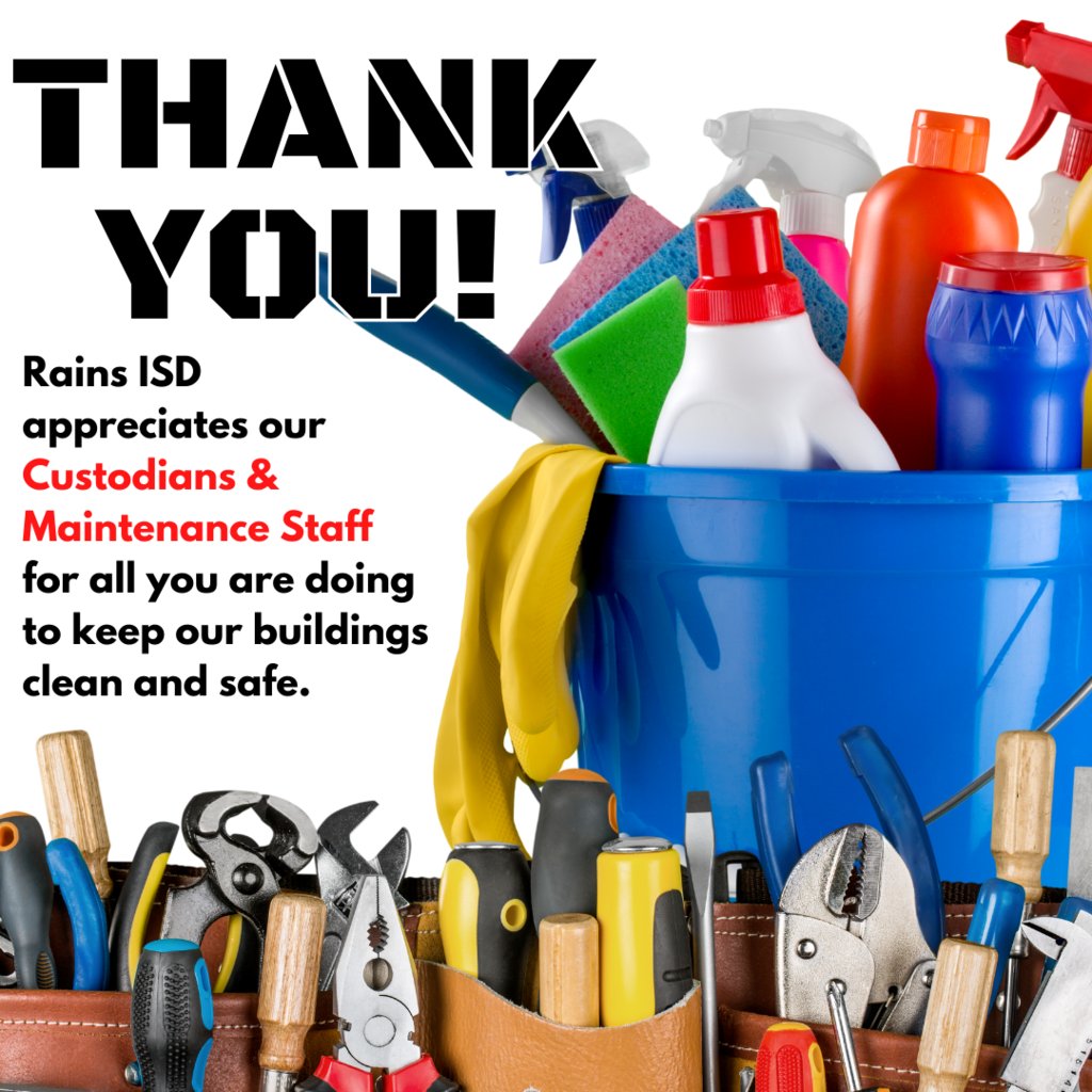 rains_isd's tweet photo. It's Custodian and Maintenance Staff Appreciation Day! Thank you for all the work you do to keep our buildings clean and safe for our wildcat community. βπ§Όπ #WeAreRains #custodianappreciation #maintenanceappreciation #fotps #texaspublicschools https://t.co/koCsQRUPbu