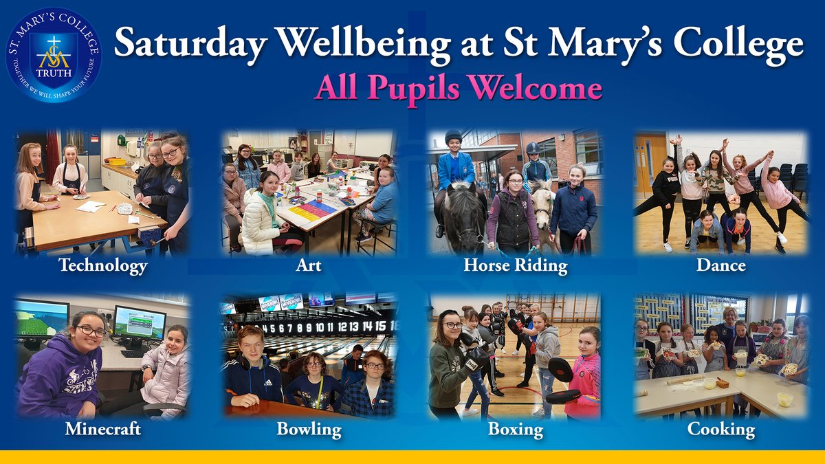 We are delighted to announce our Saturday Wellbeing activities begin tomorrow 2nd October from 10am-1pm. Pupils can choose from a range of activities such as Minecraft, Art, Dance &amp; Bowling. Senior pupils can access our ICT suites &amp; study areas. All pupils are welcome to attend!