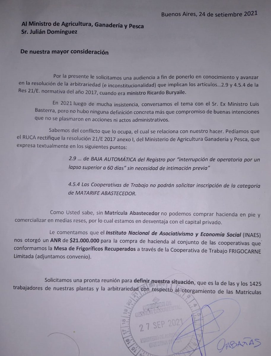 Desde la Mesa de Frigoríficos Recuperados solicitamos al Ministros <a href="/DominguezJul/">Julián Domínguez</a> de <a href="/AgriculturaAR/">Secretaría de Agricultura, Ganadería y Pesca</a> audiencia p/ dialogar sobre la situación que atravesamos los mataderos y frigoríficos recuperados de la argentina.
La #ReconstruccionArgentina es con todos!!!
Nota entregada: 27/09