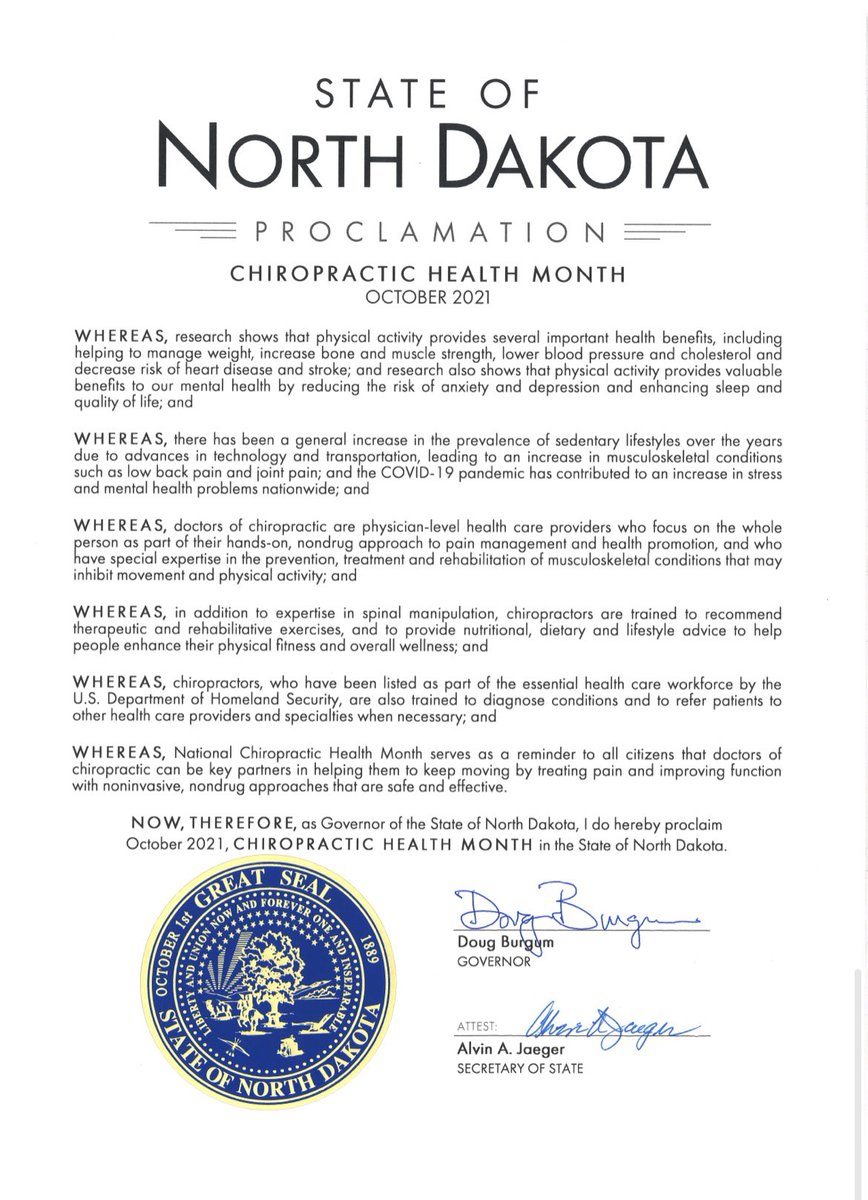 info_ndca's tweet image. Thank you @DougBurgum for working with the NDCA and proclaiming recognition of October being CHIROPRACTIC HEALTH MONTH! 

#keepmoving North Dakota!
@ACAtoday