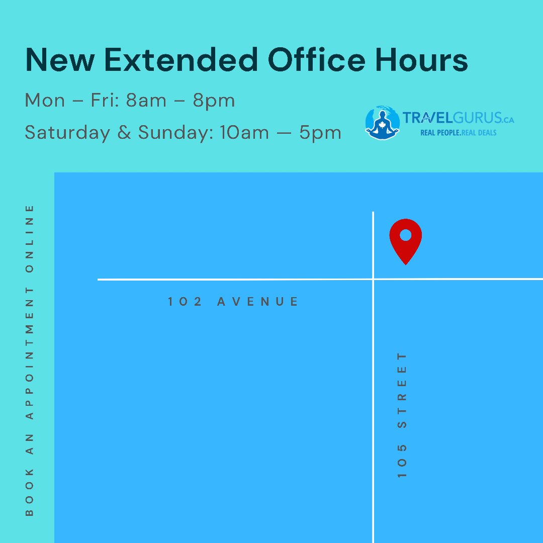 travelgurusAB's tweet photo. We’ve extended our office hours to serve you better. Located in the heart of #edmonton #yeg #travelgurus #yegdt #yeglocal #yeglocalbusiness https://t.co/bnnRbxDnay