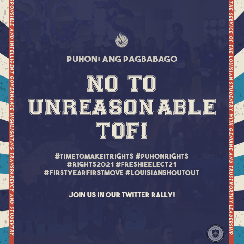 SLU_RIGHTS's tweet photo. Lagiโt laging lumalaban para sa makatao at makatwiran na matrikula at iba pang mga bayarin
#TimeToMakeItRIGHTS
#PuhonRIGHTS
#RIGHTS2021
#FreshieElect21
#FirstYearFirstMove
#LouisianShoutout https://t.co/QkSI0woDeG