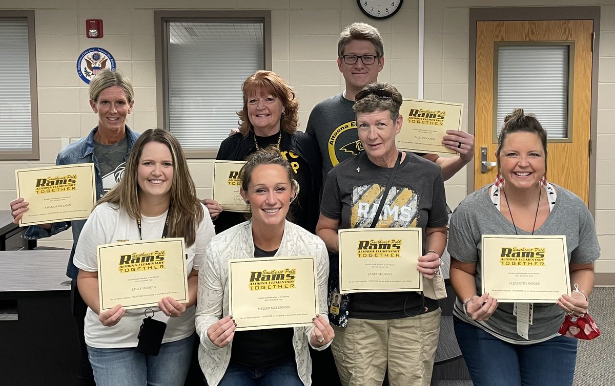 MorganDMiller's tweet photo. Happy First Friday of the Month!  Here are our October Staff Members of the Month!  These @SEP_AltoonaElem Ram Fam members continually lead by example and always do whatever it takes!  TOGETHER!  #1SEP @SEPSchools 🐏⚫️🟡 https://t.co/qdN7BpE5EF