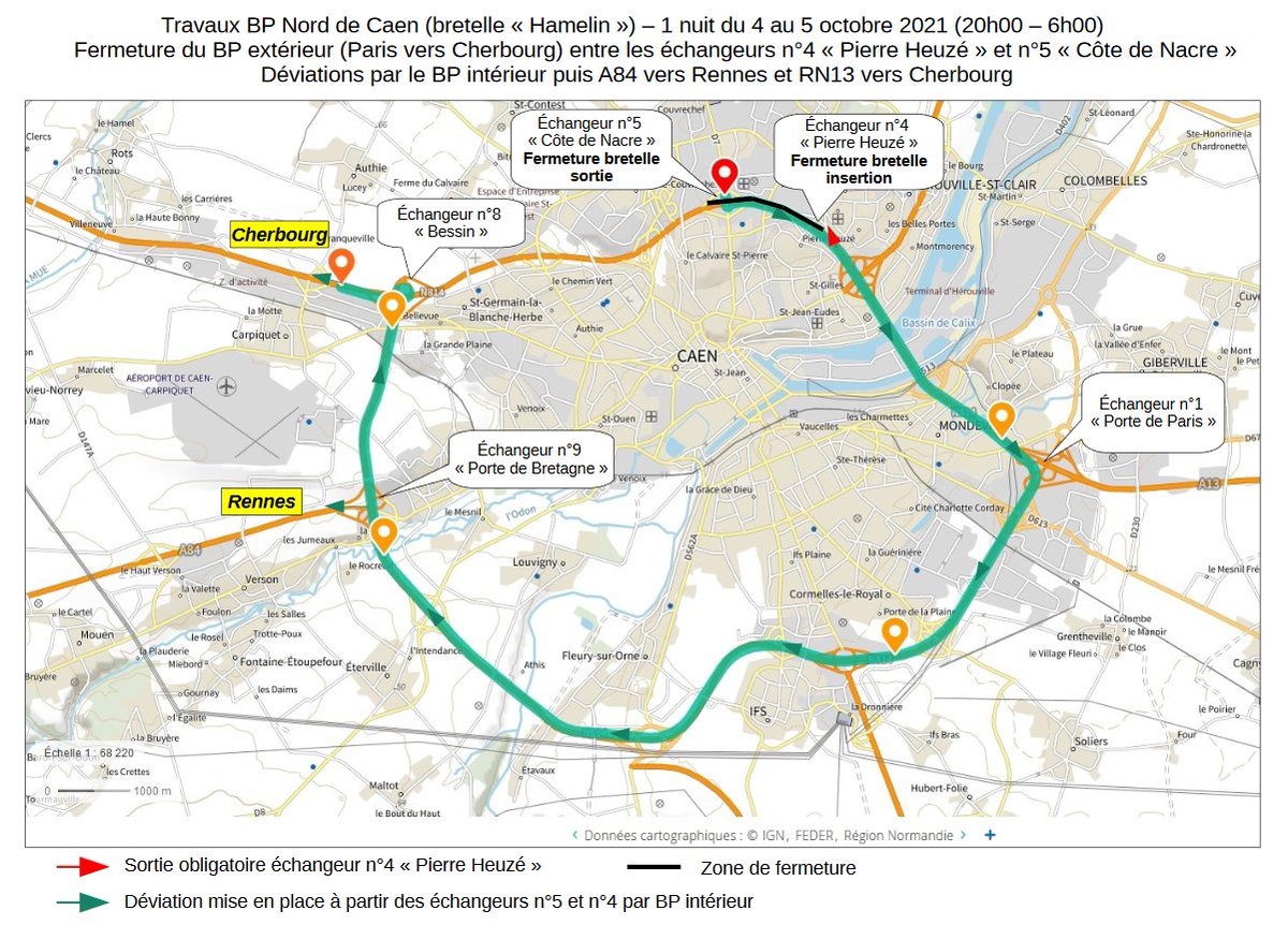 Prefet14's tweet photo. 🚧 Du 4/10/2021 au 30/06/2022, des travaux d'aménagement de la bretelle Hamelin engendreront des restrictions de circulation sur le périph Nord de #Caen sens #Paris>#Cherbourg entre les échangeurs Pierre Heuzé et Côte de Nacre.
ℹ️ Informations pratiques > https://t.co/ijDONA38MM https://t.co/vkd4rCH9Sr