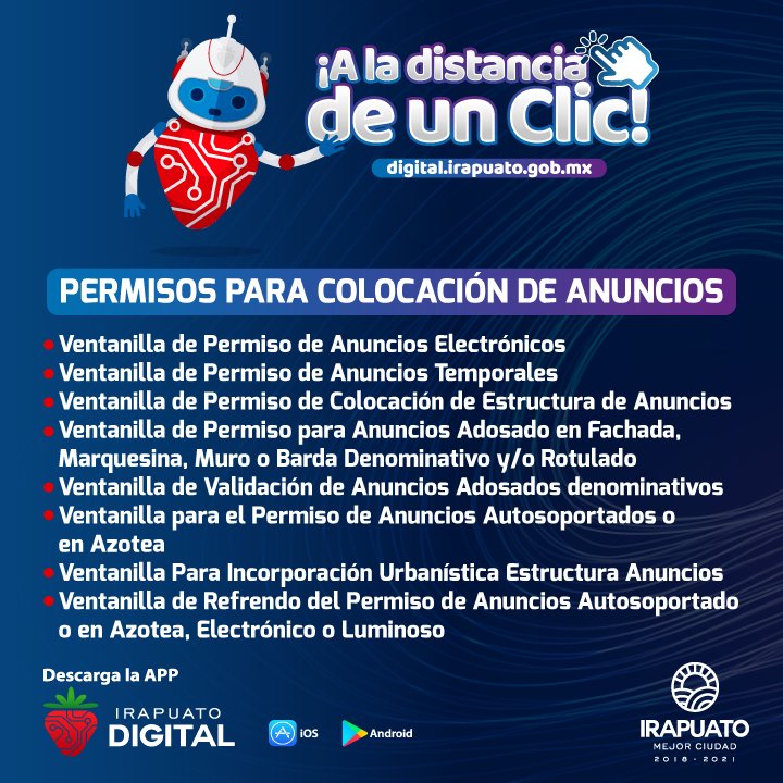 Irapuato Digital (@irapuatodigital) on Twitter photo Si necesitas un permiso para colocar anuncios, puedes entrar a la siguiente liga para consultar los requisitos e iniciar con tu trámite vpat.irapuato.gob.mx Si necesitas un permiso para colocar anuncios, puedes entrar a la siguiente liga para consultar los requisitos e iniciar con tu trámite vpat.irapuato.gob.mx