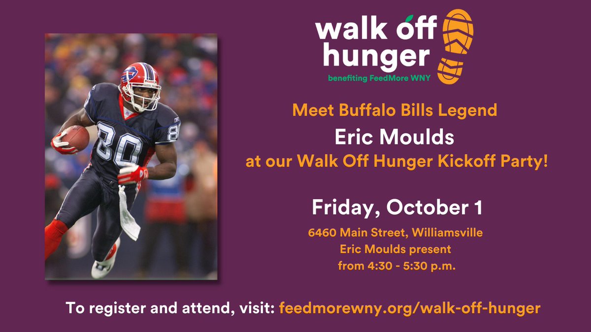 feedmorewny's tweet photo. Just announced! @BuffaloBills Legend Eric Moulds will join us today at the #WalkOffHunger kickoff party to greet fans! Photo and autograph opportunities available for walk registrants! There’s still plenty of time to register – visit https://t.co/ebZ8btog0l to learn more! https://t.co/d6VSA4t3Fw