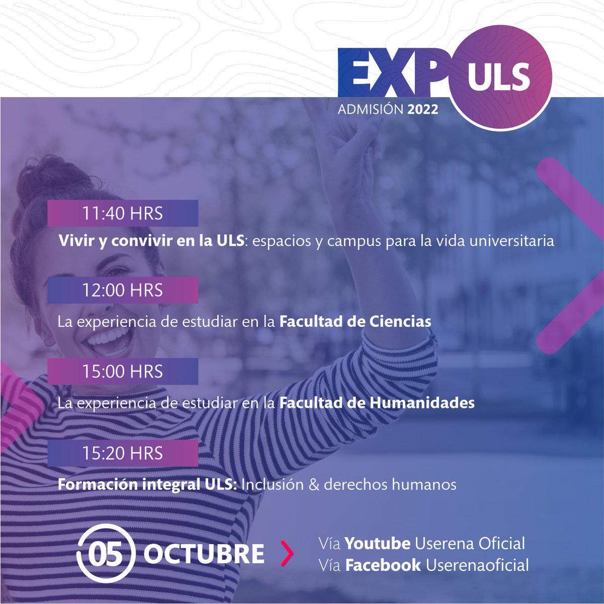 userena's tweet photo. 📢 Conoce y participa de las conversaciones virtuales de una nueva versión de la #ExpoULS👉https://t.co/zPFfgKu6tT
📅⏰Te esperamos este 4 y 5 de octubre 💻📱por el canal Youtube y Facebook Userena Oficial
#Admisión2022 https://t.co/EaISm3QghV
