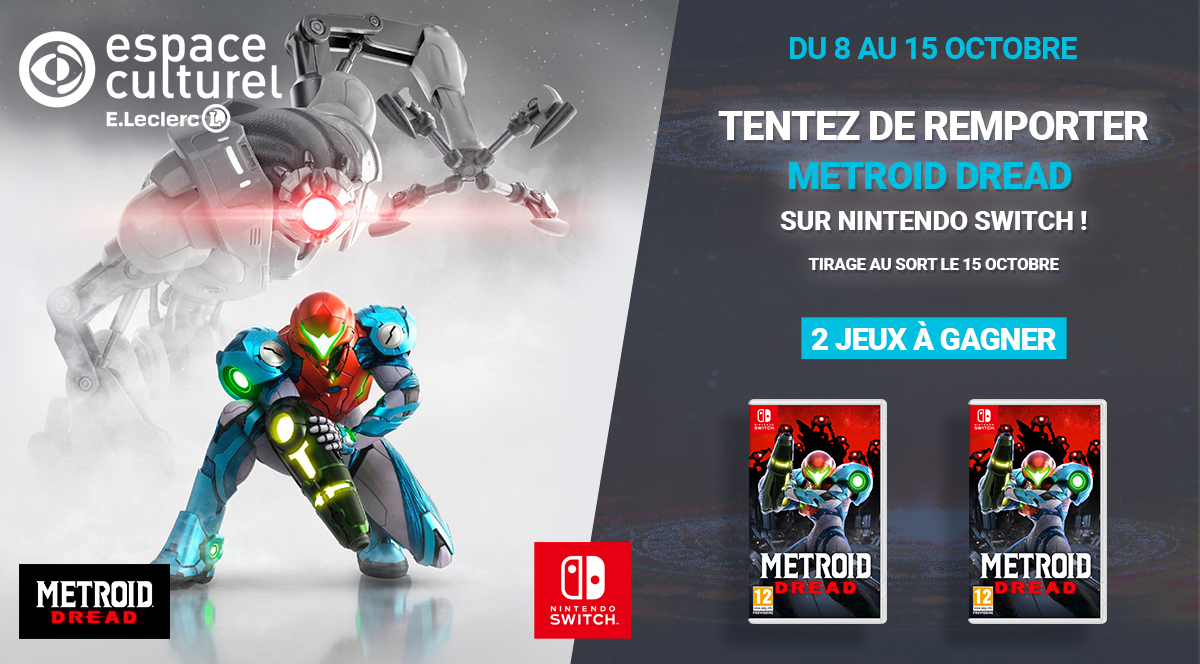 Leclerc_JV's tweet photo. Grâce à notre #concours, tentez de remporter #MetroidDread sur #NintendoSwitch 🎮
2 jeux à gagner 🔥
TAS le 15.10⏱️

Pour participer : RT + Follow @Leclerc_JV 

Disponible ici▶️https://t.co/HfOGC08jxv
Règlement▶️https://t.co/VEM9m1bjr4 https://t.co/Qhj6gzOMeB
