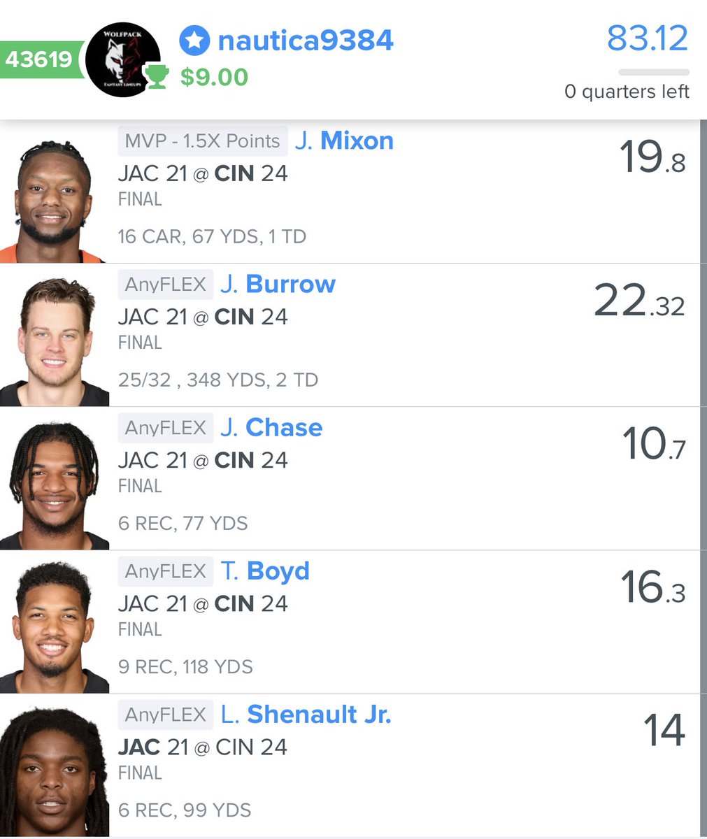 wolfpack_fs's tweet photo. A few solid lineups last night for TNF!! Ready for Sunday to get some of that sweet money on full slate!!! https://t.co/nRrBIStZ7e