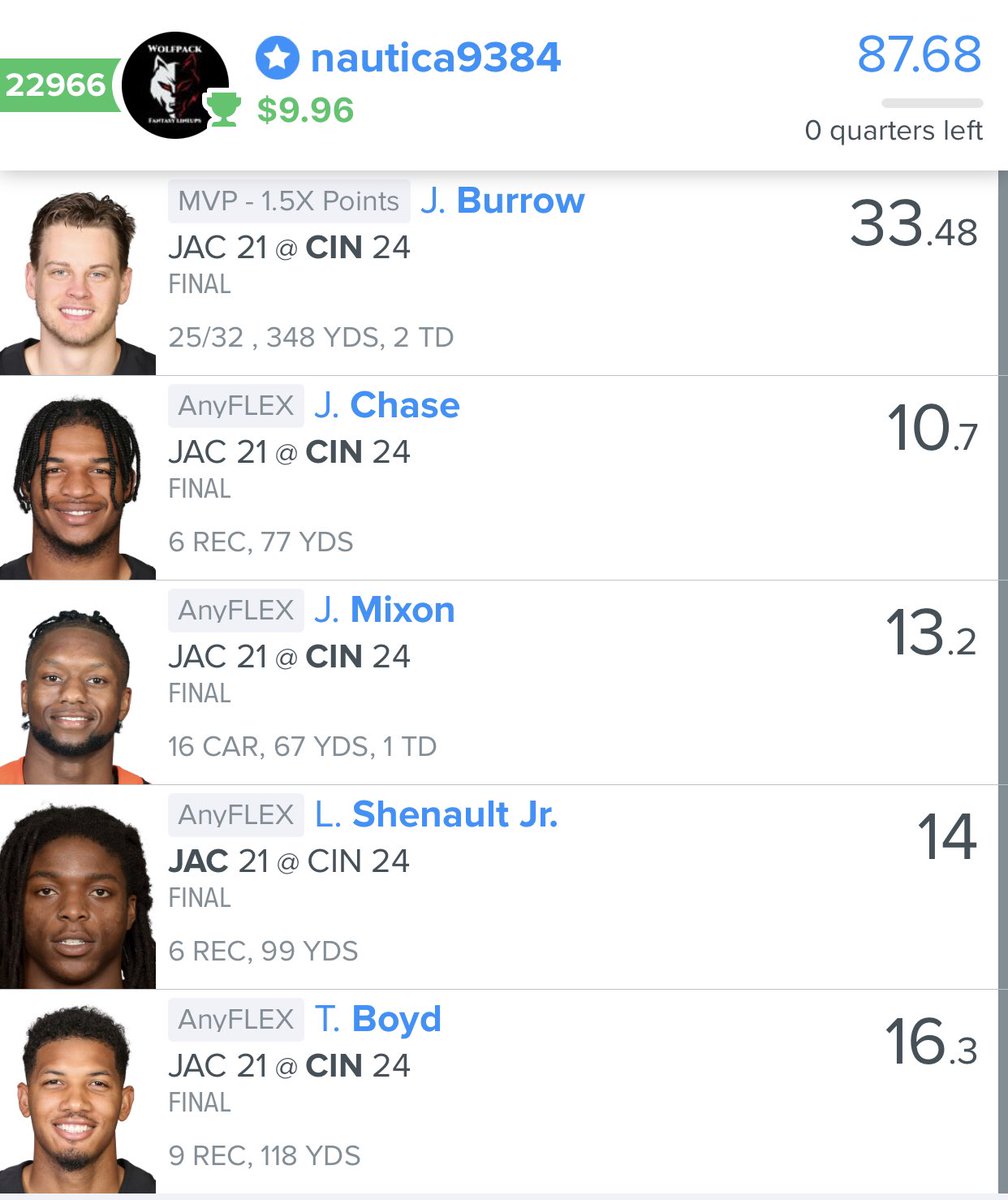 wolfpack_fs's tweet photo. A few solid lineups last night for TNF!! Ready for Sunday to get some of that sweet money on full slate!!! https://t.co/nRrBIStZ7e