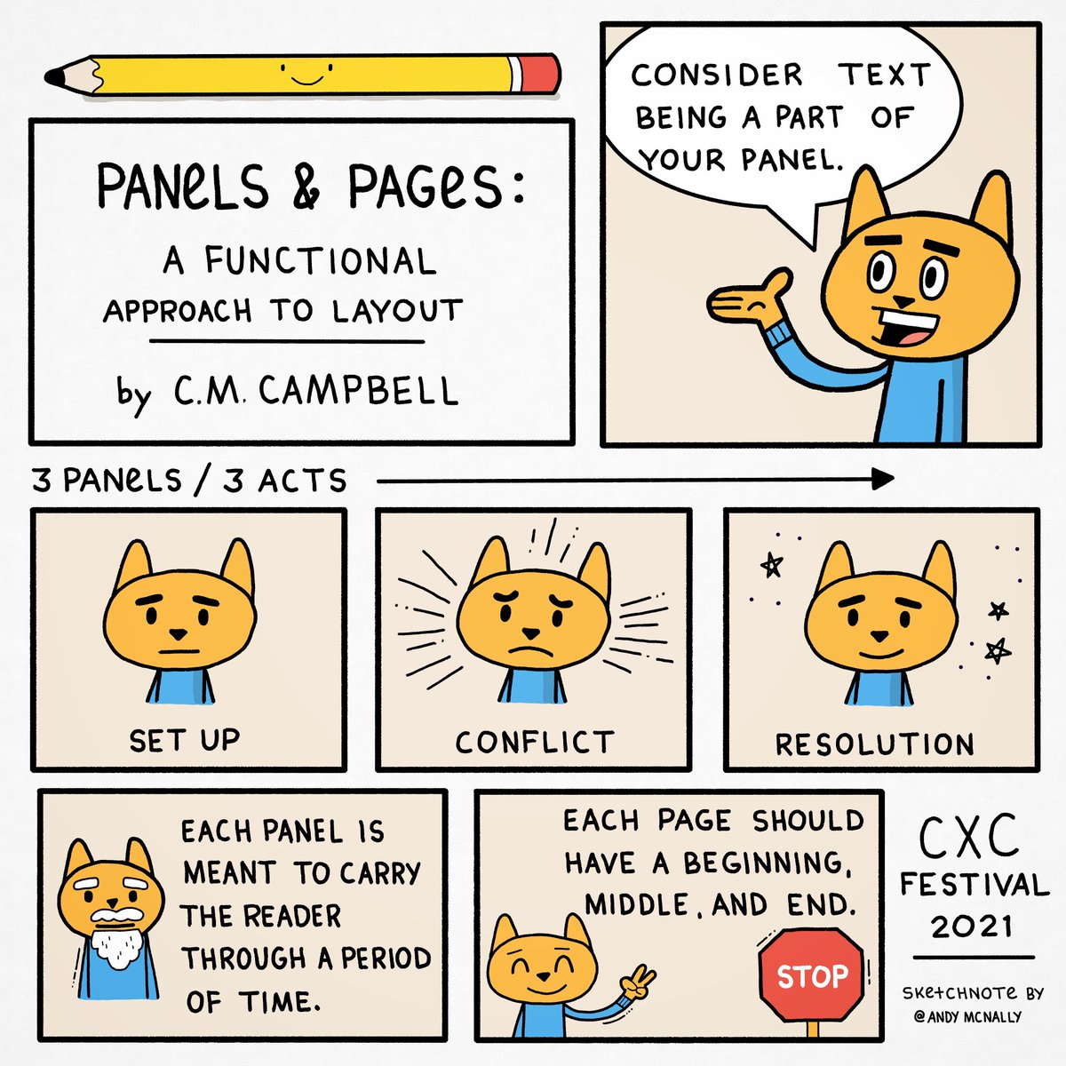 andymcnally's tweet photo. Panels &amp; Pages.
CXC Festival session sketchnote.

An excellent session on comic layouts, pages, &amp; panels by CM Campbell.
Cartoon Crossroads Columbus (CXC) is going on through Sunday both online &amp; in person. @CXCFestival

#sketcnote #cartoon #conceptsapp #cxcfestival https://t.co/rcYX0BdDSo