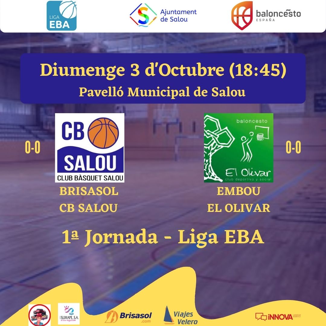 CbSalou's tweet photo. 📌 Torna la #LigaEBA amb més il·lusió que mai.
🗓️ Diumenge 3 d'Octubre
⏰ 18:45h
🏆 #LigaEBA Jornada 1
⚔️ Brisasol Salou 🆚 Embou @OlivarBasket
📲 #MésJuntsQueMai #CBSalou https://t.co/q5xn8gVQbd