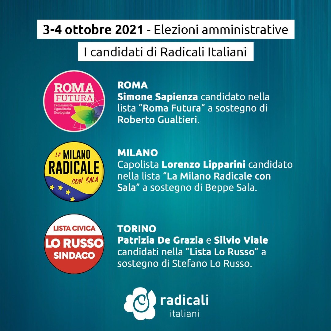 Alle #amministrative2021 vota Radicale.

A Roma <a href="/simonesapienza/">Simone Sapienza</a> nella lista @RomaFutura_.

A Milano la lista <a href="/milanoradicale/">Milano Radicale</a> con capolista <a href="/llipparini/">Lorenzo Lipparini</a>.

A Torino <a href="/Silvio_Viale/">Silvio Viale</a> e <a href="/PatriziaDeGraz1/">Patrizia De Grazia</a> nella Lista Civica Lo Russo Sindaco.