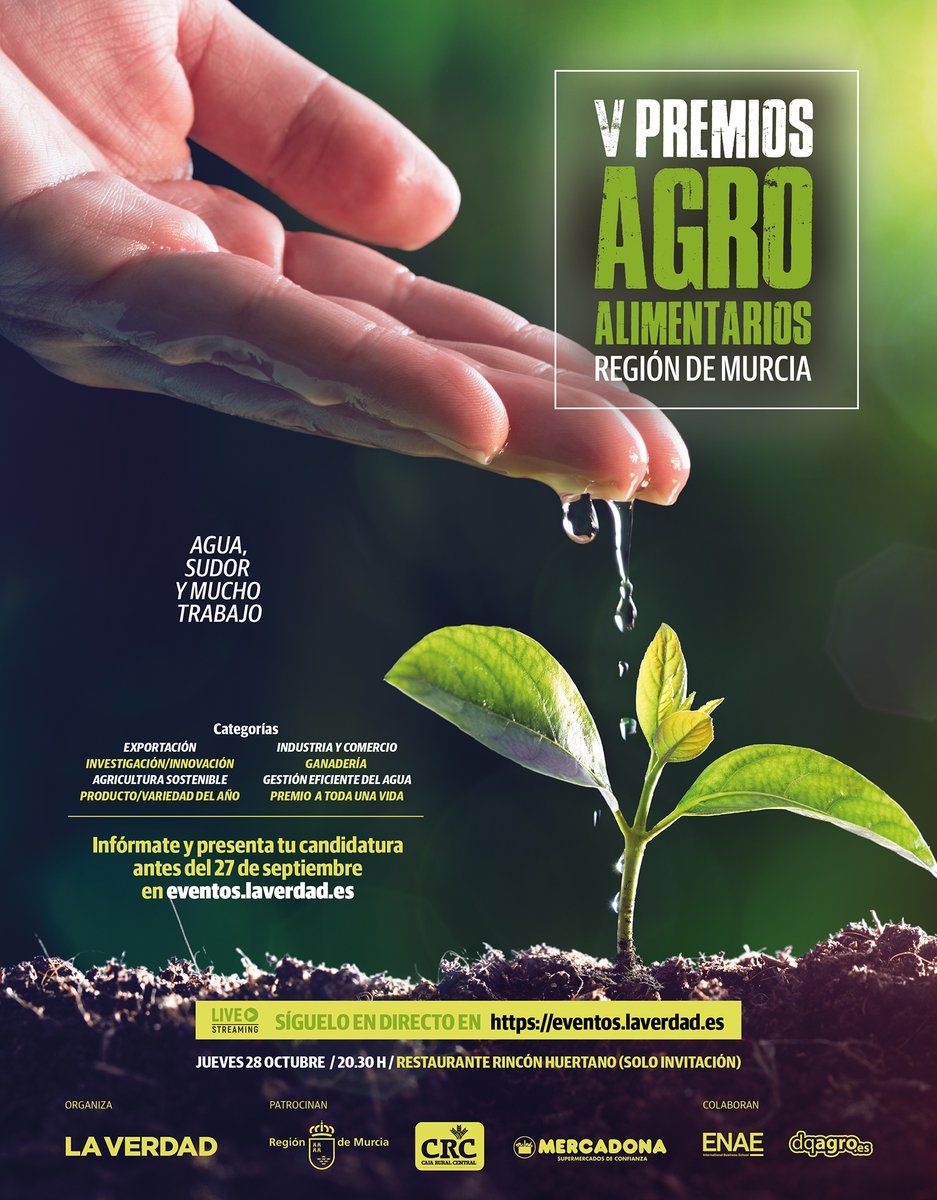 Se acercan los V #PremiosAgroalimentarios R.Murcia de <a href="/laverdad_es/">laverdad_es</a>, en los que colabora <a href="/DQAgro/">dqagro 🌱</a>, que reconocerán a las empresas🏪instituciones y personas👷🏼‍♂️👨🏼‍🏭que más han contribuido a la industria del campo regional🥬
¡Pronto más ℹ!
premios-agro.laverdad.es
#agriculturasostenible