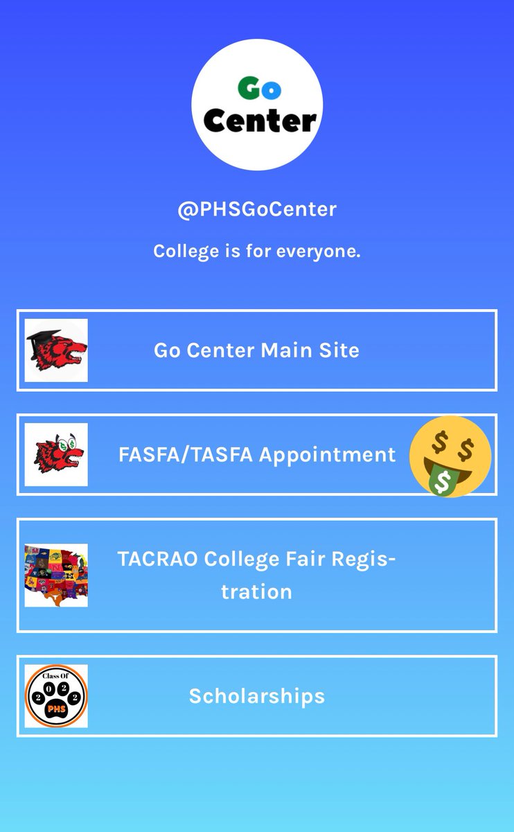 GoCenterPHS's tweet image. FASFA/TASFA applications are officially open as of today! Please schedule your appointment with us via our linktree. Be sure to bring these items to your appointment.
(link below and in our bio)
linktr.ee/phsgocenter