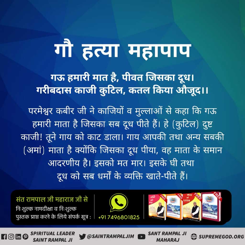 गऊ हमारी मात है, पीवत जिसका दूध।
गरीबदास काजी कुटिल, कतल किया औजूद।।
परमेश्वर कबीर जी ने काजियों व मुल्लाओं से कहा कि गऊ हमारी मां है जिसका सब दूध पीते हैं। हे दुष्ट काजी! तूने गाय को काट डाला। जिसका दूध पीया, वह मां के समान आदरणीय है।
- Sant Rampal Ji Maharaj
#BeVegetarian