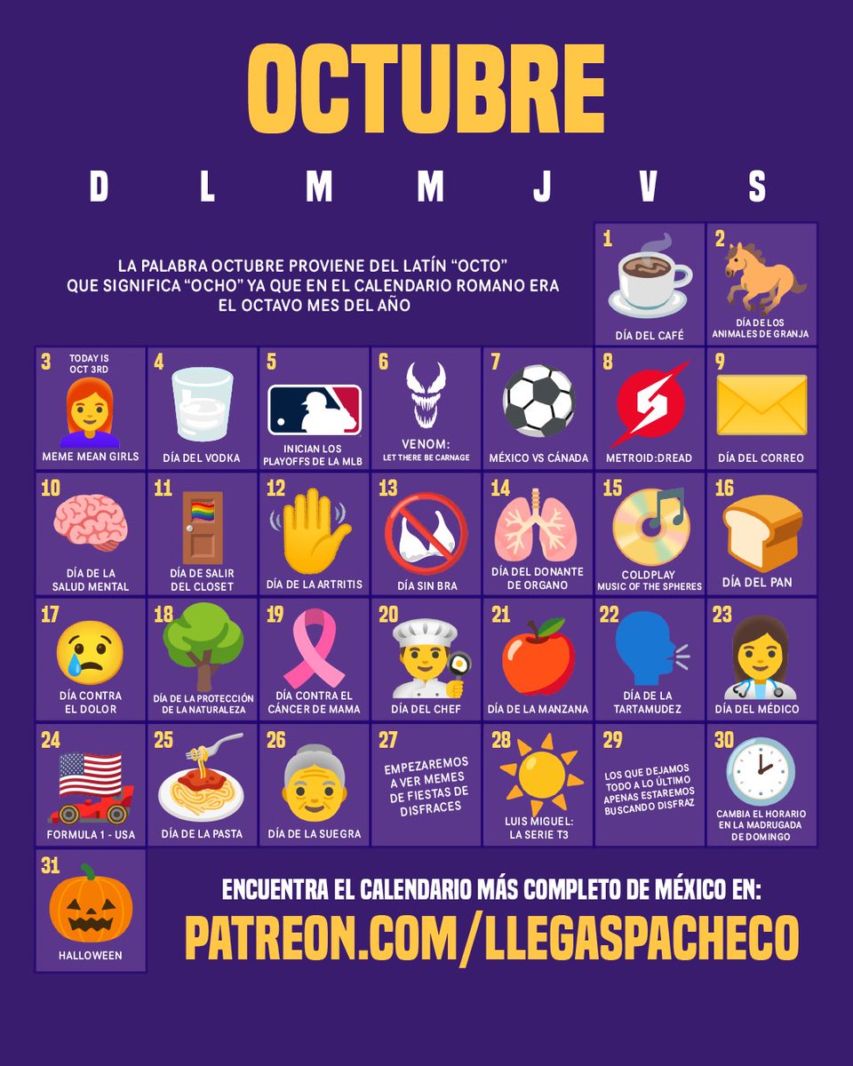 llegaspacheco's tweet photo. OCTUBRE 🎃🧟‍♀️🧛🏼‍♂️☕️🍎🧠👩🏽‍⚕️

Estas son algunas de las fechas y eventos que ocurrirán durante este mes 🗓

Si quieres tener acceso al calendario más COMPLETO de México de forma anticipada y con información extra únete a: https://t.co/TQXiNlrMtF https://t.co/KyRudbyyKT