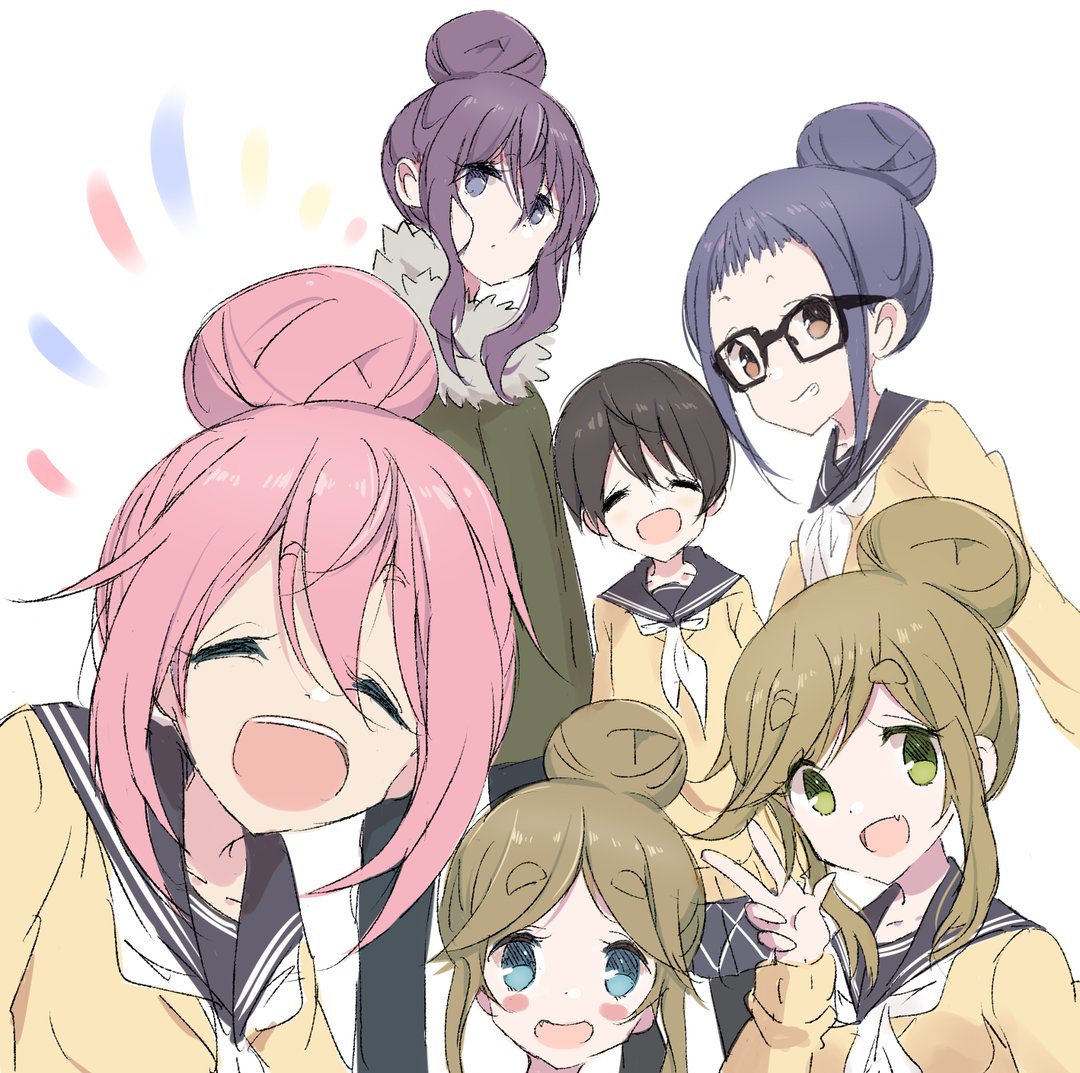 inuyama aoi ,kagamihara nadeshiko ,shima rin multiple girls motosu school uniform school uniform pink hair hair bun glasses single hair bun  illustration images