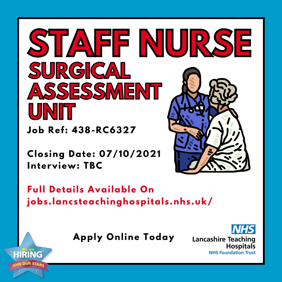 LancsHospJobs's tweet photo. Job Vacancy: Staff Nurse - Surgical Assessment Unit @LancsHospitals
Closing: 07/10/2021
Apply here: https://t.co/jMCd21YKWi
#Nurse #StaffNurse #Band5 #NHS #NHSJobs #Preston #SurgicalAssessmentUnit #SAU @SAUlthtr https://t.co/lmWJ1FddIJ