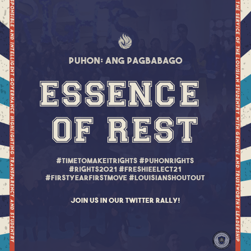 SLU_RIGHTS's tweet photo. Sa patuloy na paglakbay natin sa ating mga pangarap, yakapin rin natin ang importansya ng paghinto at pagpahinga.
#TimeToMakeItRIGHTS
#PuhonRIGHTS
#RIGHTS2021
#FreshieElect21
#FirstYearFirstMove
#LouisianShoutout https://t.co/WBW2cdT3v5